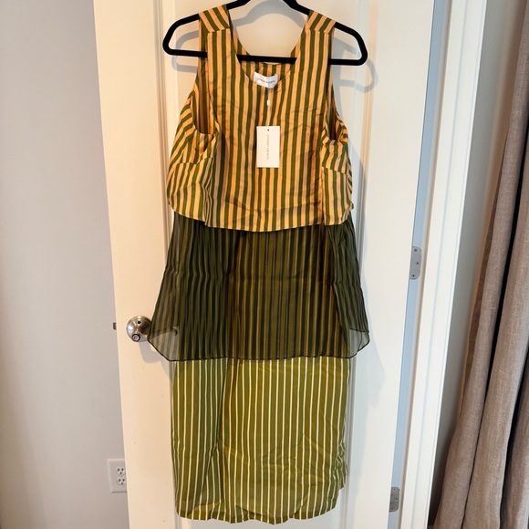 NWT Christian Wijnants Danai Peach Khaki Green Stripes Midi Dress | XL - Picture 3 of 10